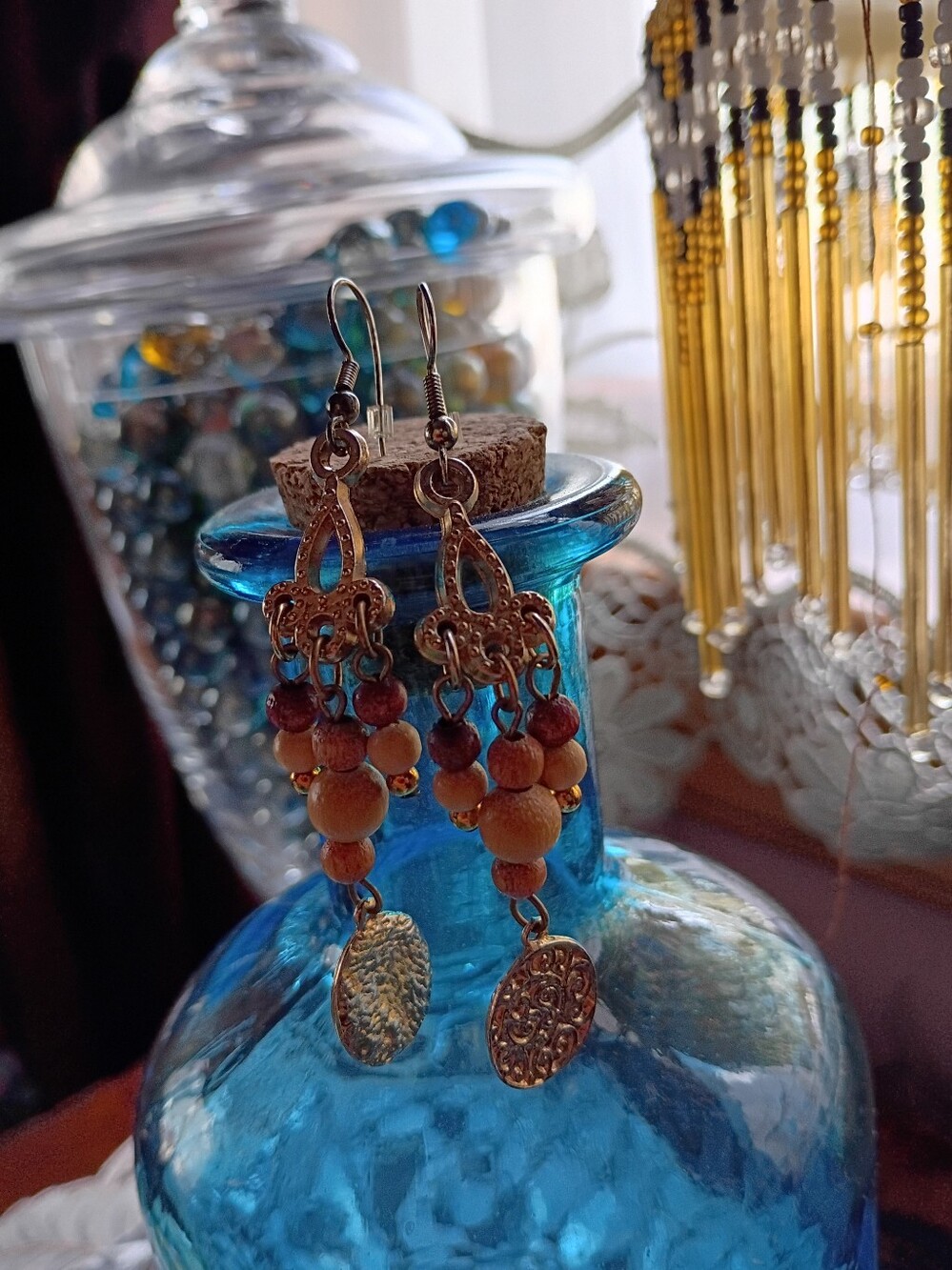 Source Unknown Brown and Gold Wood Bead Dangle Earrings